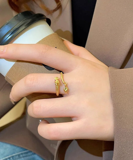 Chinese Style Gold Copper Overgild Dragon Shaped Open Rings